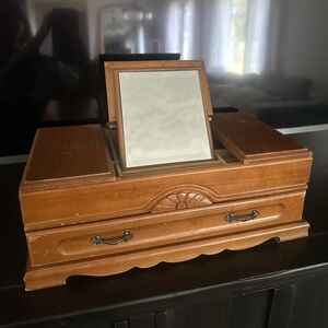 Vintage Wooden Jewelry Box With Mirror Drawer Storage EUC